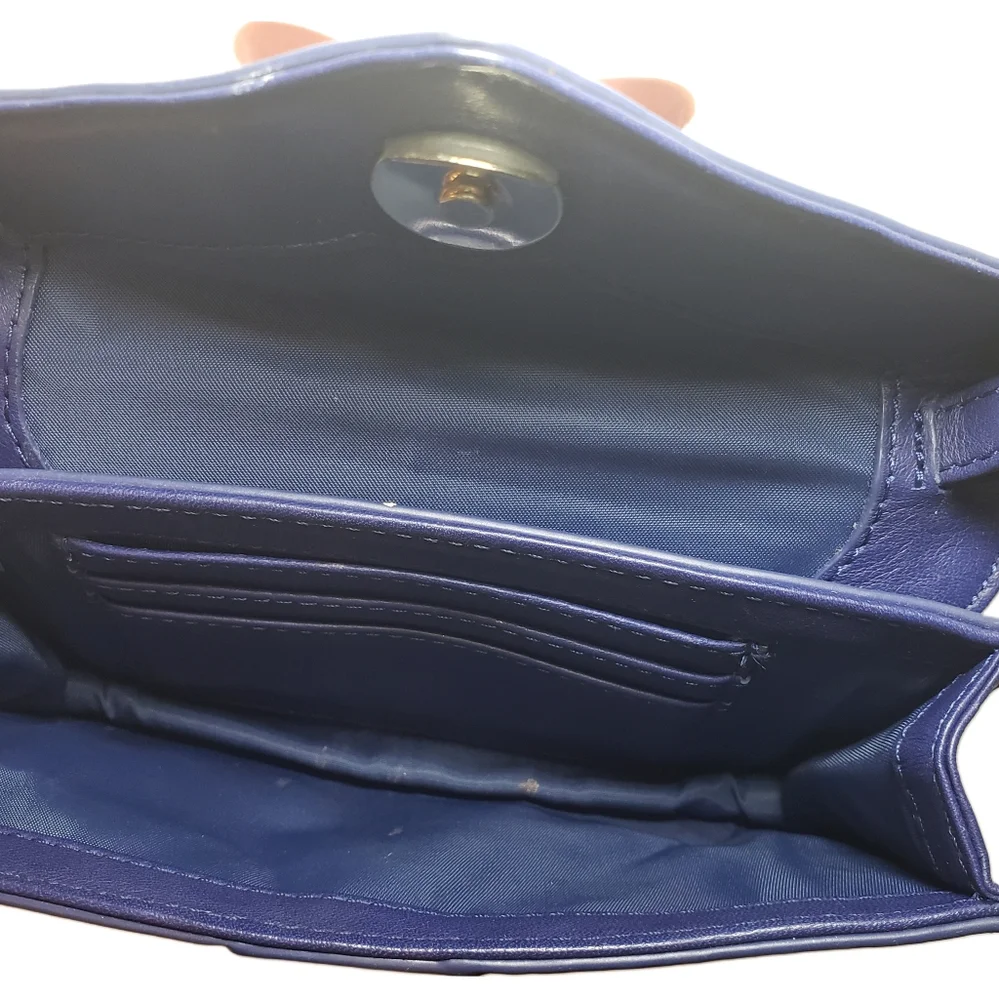 Tory Burch Blue Leather Envelope Mini Crossbody Purse Bag with Pink Bow